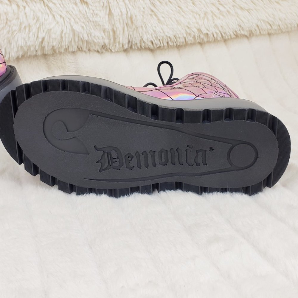 Pink Hologram Platform Spider Web Ankle Boots Punk Rave Festival Slacker - Picture 5 of 12